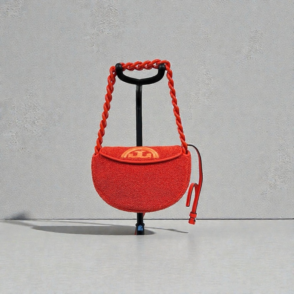 Tory Burch Mini Fleming Soft Raffia Crescent Shoulder Bag Poppy Red - Picture 2 of 6